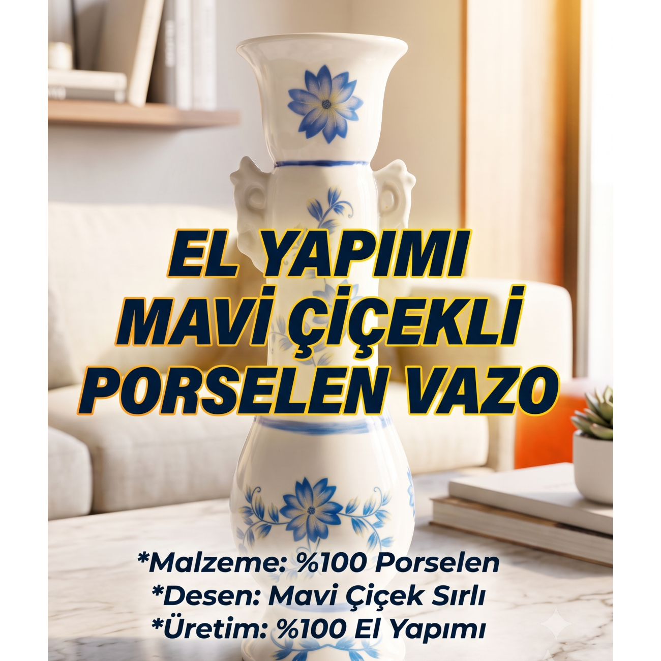 El Yapımı Mavi Çiçekli Porselen Vazo