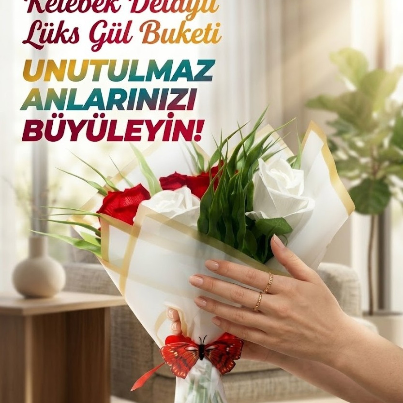 Kelebek Detaylı Lüks Kırmızı Beyaz Gül Buketi
