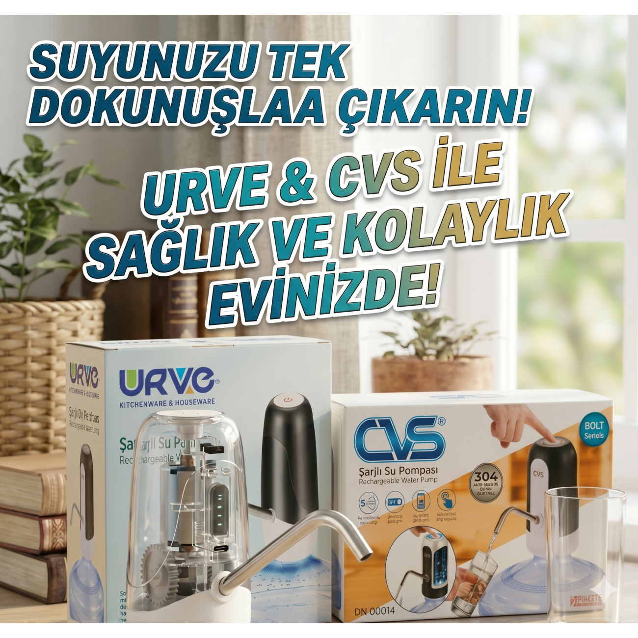 Urve CVS Dokunmatik Şarjlı Damacana Su Pompası 304 Çelik