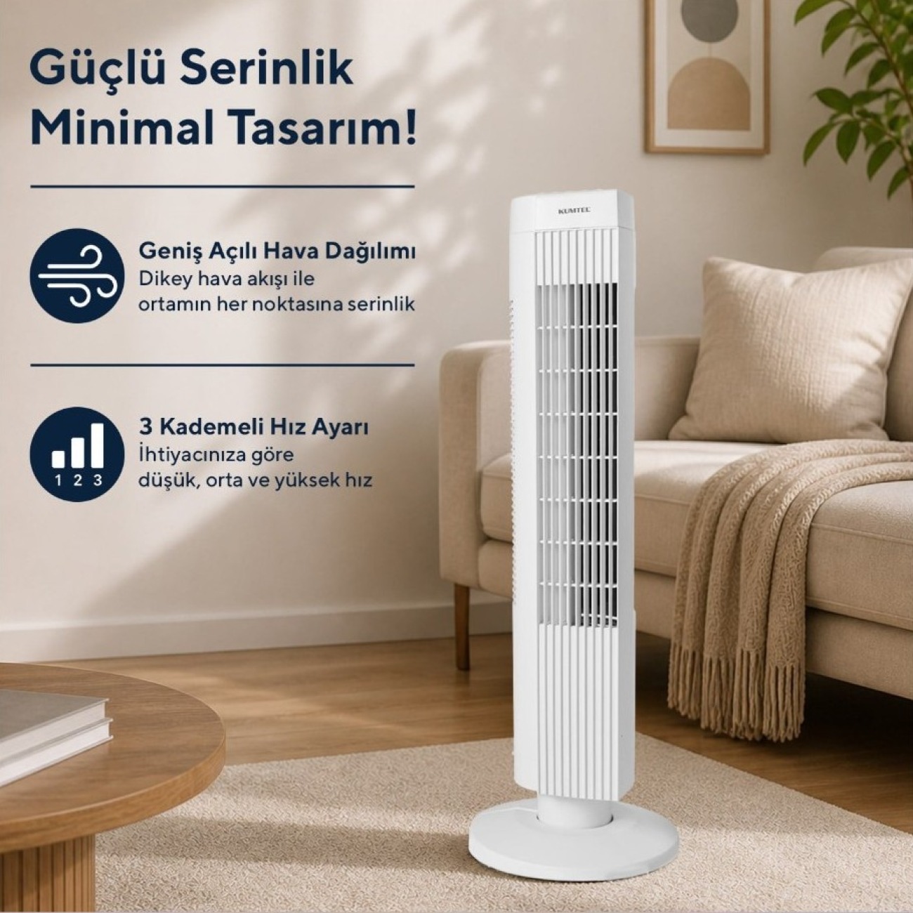 Kumtel KTF-258W Sessiz Kule Tipi Beyaz Vantilatör 50W
