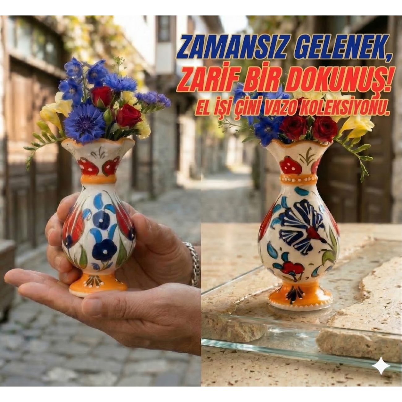 Minyatür El İşlemesi Çini Vazo Otantik Dekoratif Sanat Objesi