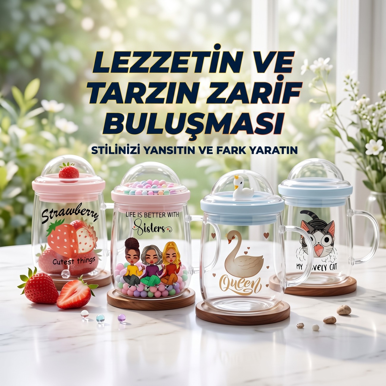 Glasscom Kuğu Kapaklı Ahşap Altlıklı Isıya Dayanıklı Borosilikat Cam Kupa
