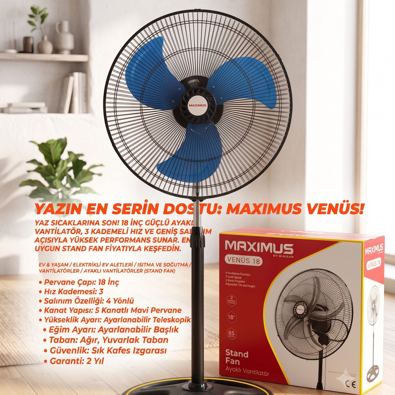 Maximus Venüs 18 İnç Güçlü Ayaklı Vantilatör Stand Fan