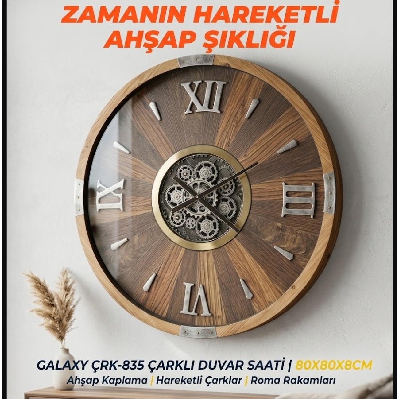 Galaxy ÇRK-835 Ahşap Çarklı Duvar Saati 80x80 cm
