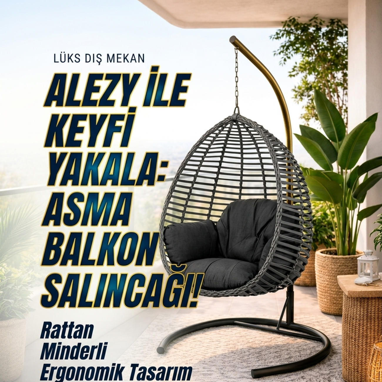 Alezy Rattan Tek Kişilik Minderli Asma Balkon Bahçe Salıncağı