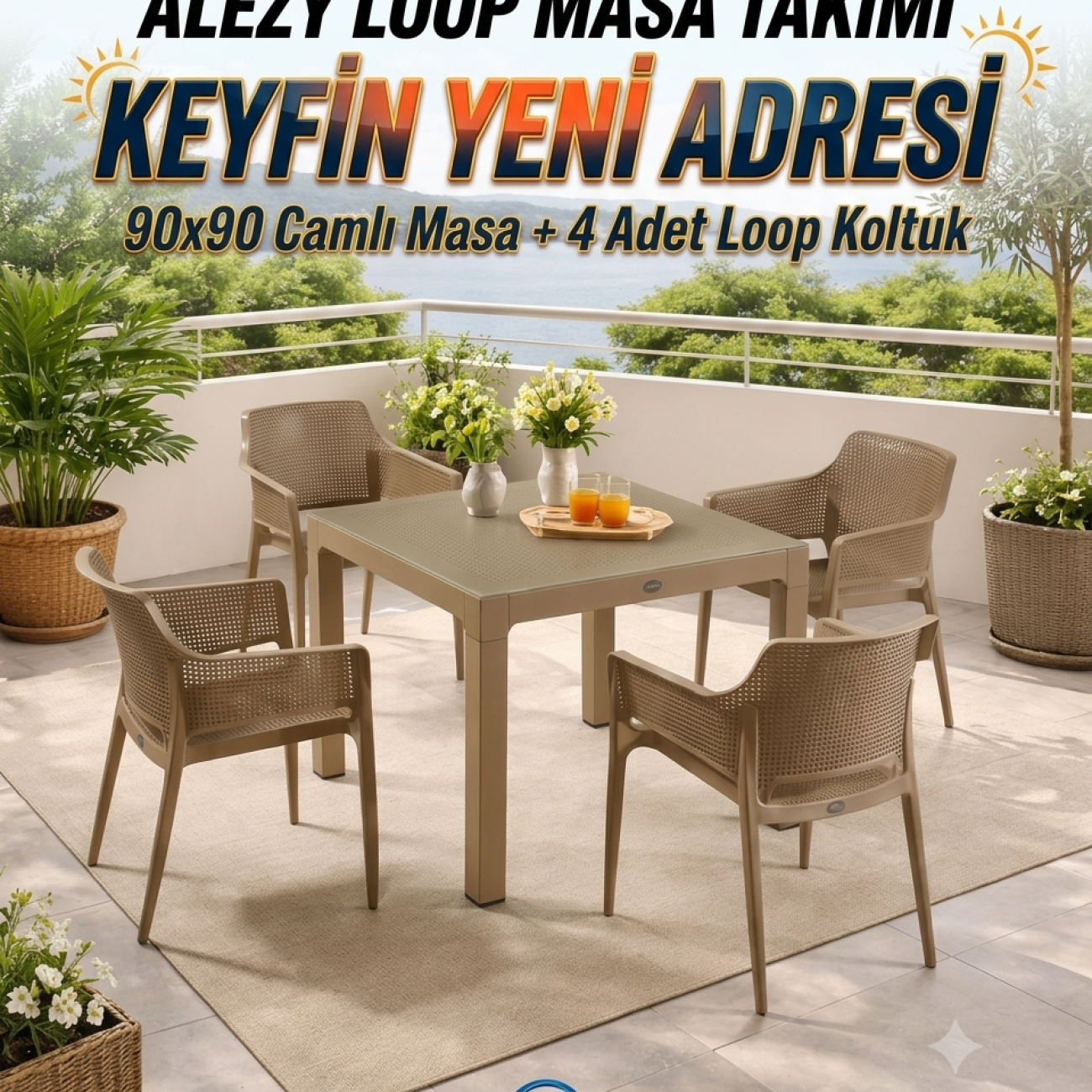 Alezy Loop 90x90 Camlı Bahçe Balkon Masa Takımı 4 Koltuklu