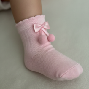 1-2 Yaş Bebek Kız Pembe Fırfırlı Püsküllü Fiyonklu Pamuklu Çorap (Yazlık/Kışlık)